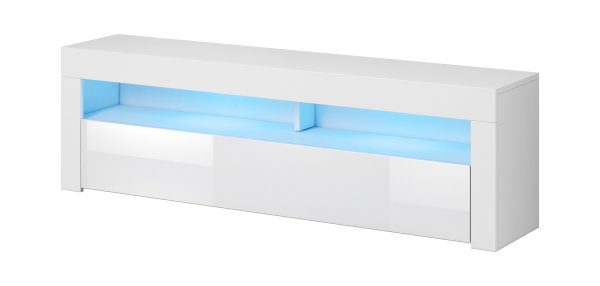 Lowboard Artisano 140cm in Weiß Matt und Weiß Hochglanz mit LED Beleuchtung in Blau