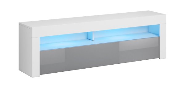 Lowboard Artisano 160cm in Wei&szlig; Matt und Grau Hochglanz mit LED Beleuchtung in Blau