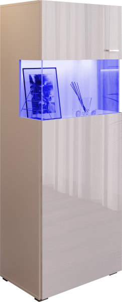 Vitrine Mondello M1 in Weiß Matt und Weiß Hochglanz mit LED Beleuchtung in blau